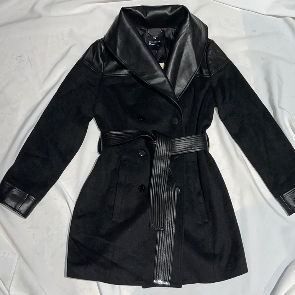 New Guess Marciano Faux Leather Trim Wool Long Double Breasted Belt Coat S M